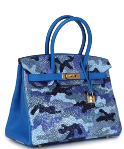 Custom Camouflage Swarovski Crystal Hermes Birkin 30 Bleu Hydra Chevre Gold Hardware