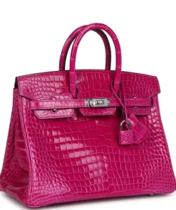 Hermès Birkin 25 Rose Sheherazade Shiny Porosus Crocodile Palladium Hardware