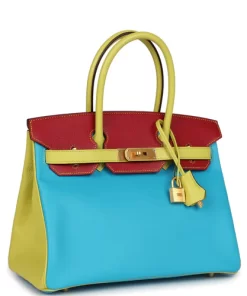 Hermes Special Order (HSS) Tri-color Birkin 30 Bleu Aztec, Soufre and Rouge Vif Chevre Brushed Gold