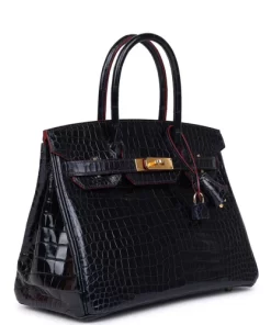 Hermes Birkin 30 Bleu Marine and Rouge H Contour Shiny Porosus Crocodile Gold Hardware