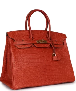 Pre-owned Hermès Birkin 35 Sanguine Matte Alligator Gold Hardware