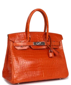 Pre-owned Hermès Birkin 30 Orange Shiny Porosus Crocodile Palladium Hardware