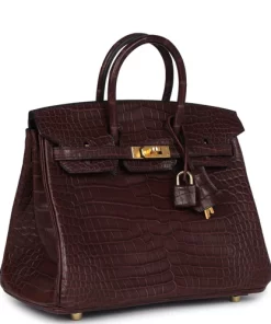 Pre-owned Hermes Birkin 25 Rouge Sellier Matte Porosus Crocodile Gold