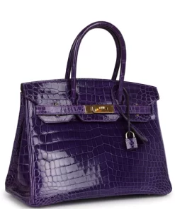 Pre-owned Hermes Birkin 30 Ultraviolet Shiny Niloticus Crocodile Gold Hardware