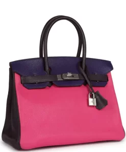 Pre-owned Hermès Special Order (HSS) Birkin 30 Tri-color Raisin, Ultraviolet and Rose Shocking Chevre Palladium Hardware