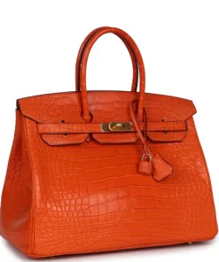 Pre-owned Hermès Birkin 35 Feu Matte Alligator Gold Hardware