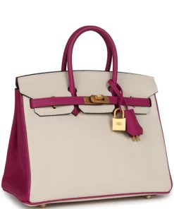 Hermès Special Order (HSS) Birkin Sellier 25 Craie and Rose Pourpre Epsom Brushed Gold Hardware