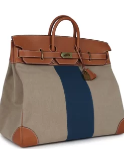 Pre-owned Hermès Birkin HAC 50 Flag Ficelle Toile H, Fauve Barenia and Bleu Toile H Canvas Gold Hardware