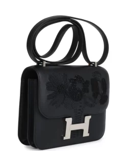 Hermès Constance 18 "Dancing Flowers" Black Embroidered Swift Palladium