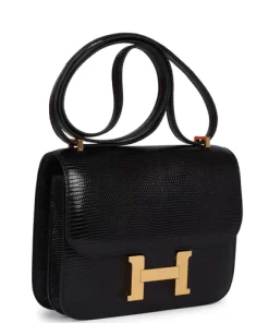 Pre-owned Hermès Constance 18 Black Varanus Niloticus Lizard Gold
