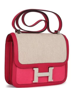 Pre-owned Hermès Constance 24 Rose Shocking and Ecru Toile H Berline and Framboise Swift Palladium