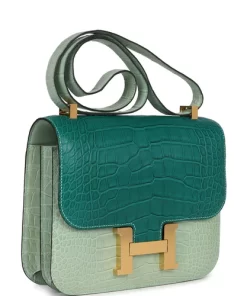 Hermès Constance 24 Bicolor Vert D'eau and Malachite Matte Alligator Gold