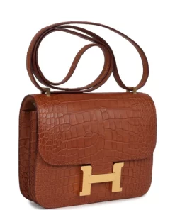 Pre-owned Hermès Constance 18 Gold Matte Alligator Gold