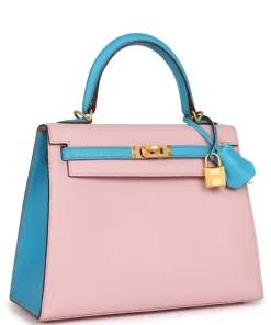 Hermès Special Order (HSS) Kelly Sellier 25 Rose Sakura and Bleu Aztec Chevre Brushed