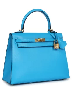 Hermès Kelly Sellier 25 Bleu Frida Chevre Gold