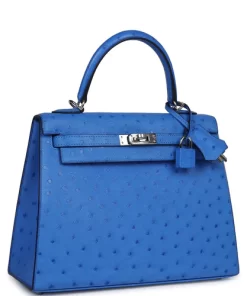 Hermès Kelly Sellier 25 Bleuet Ostrich Palladium