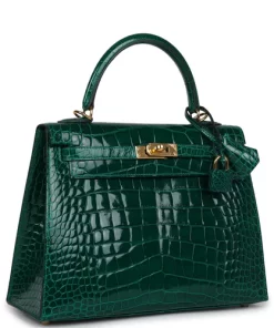 Pre-owned Hermès Kelly Sellier 25 Emerald Shiny Alligator Gold