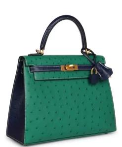 Pre-owned Hermès Special Order (HSS) Kelly Sellier 25 Vert Vertigo and Bleu Iris Ostrich Brushed Gold