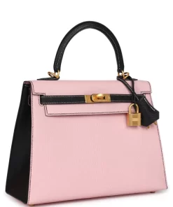 Hermès Special Order (HSS) Kelly Sellier 25 Rose Sakura and Black Chevre Mysore Brushed Gold