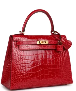 Hermès Kelly 25 Sellier Braise Shiny Alligator Mississippiensis Gold