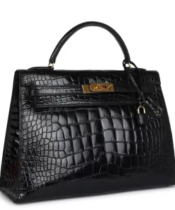Vintage Hermès Kelly Sellier 32 Black Shiny Alligator Gold Hardware