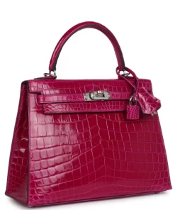 Hermès Kelly Sellier 25 Rose Pourpre Shiny Niloticus Crocodile Palladium