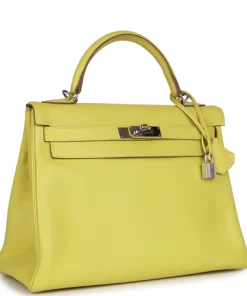 Pre-owned Hermès Kelly Retourne 32 Lime Candy Epsom Palladium Hardware