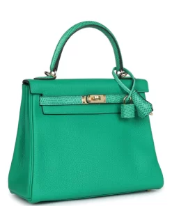 Hermès Kelly Retourne 25 Menthe Togo and Varanus Niloticus Lizard Touch Permabrass
