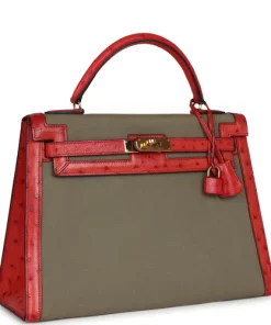 Vintage Hermès Kelly Sellier 32 Rouge Vif Ostrich and Vert Olive Officier Canvas Gold Hardware