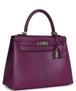 Pre-owned Hermès Kelly Sellier 25 Anemone Chevre Mysore Palladium