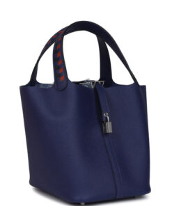 Hermès Picotin Lock 22 Tressage De Cuir Bleu Encre, Brique and Black Epsom Palladium