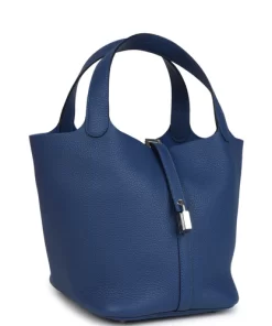 Hermès Picotin Lock 22 Bleu Tie Clemence Palladium